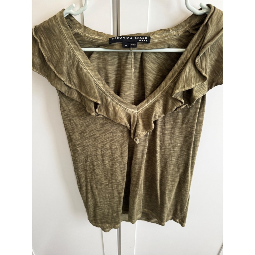 VERONICA BEARD JEANS Olive Green Ruffle V Neck T Shirt Top Women's Medium‎